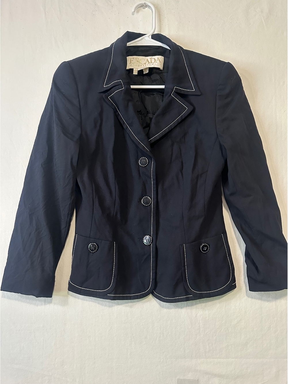 Vintage ESCADA Margaretha Ley Wool Blazer Navy Piped Jacket Size 36